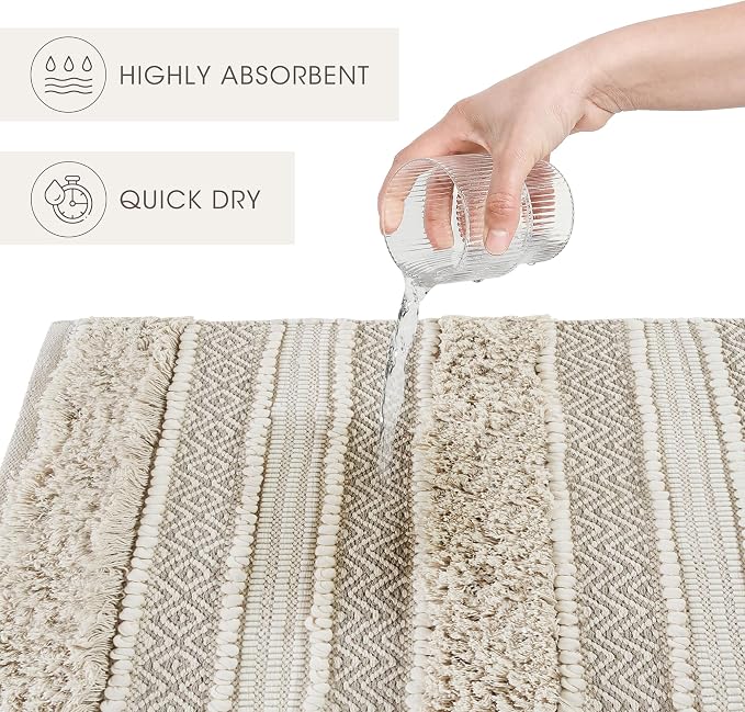 Ink+Ivy Bath Rug Hand-Woven Texture Shaggy Striped Soft & Water Absorbent, Boho Bathroom Décor Bath-Mats, Non-Slip Absorbent Quick Dry Mats for Tub, Shower Room, Asher, 22x58 Natural