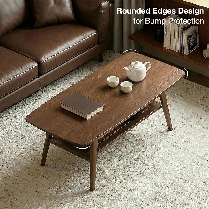 Mid Century Modern Coffee Table: 100% Solid Wood Coffee Table - 2-Tier Storage Design - Practical Coffee Tables for Living Room, Apartment, Easy Assembly (Walnut, 39.37")