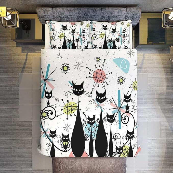 Mid Century Duvet Cover Sets Vintage Black Cat Modern Style Printed Lightweight Soft Quilt Cover Abstract Geometric Minimalist Soft Microfiber 3 Piece (1 Duvet Cover 90x90in + 2 Pillow Sham 20x30in)