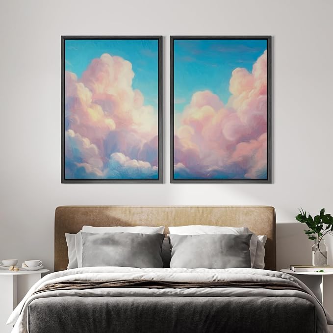 IDEA4WALL Framed Canvas Print Wall Art Set Pastel Sky Cloudscape Dreamy Pink and Blue Clouds Illustrations Modern Art Decorative Coastal Cottage Seascape for Bedroom - 24"x36"x2 BLACK
