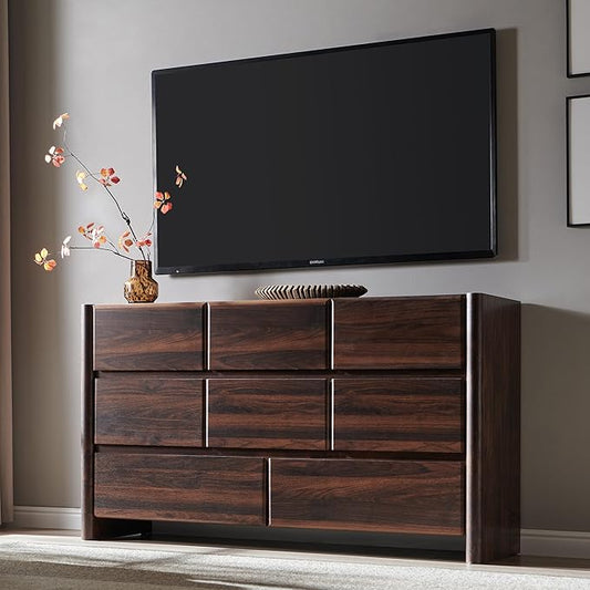 Modern 8 Drawers Dresser for Bedroom, 55" Wide Dresser w/Large Storage & Rounded Corner, Wood Handleless Chests of Drawers w/Natural Texture for Bedroom, Hallway, Living Room-Brown