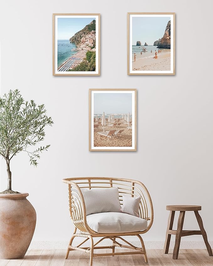 HesenDot Natural OAK Wood Framed Amalfi Coast Summer Wall Art,12x16in Italy Arienzo Beach Canvas Wall Print,Positano Swimming Poster Wall Decor for Living Room,Bedroom,Office Gallery Set of 1