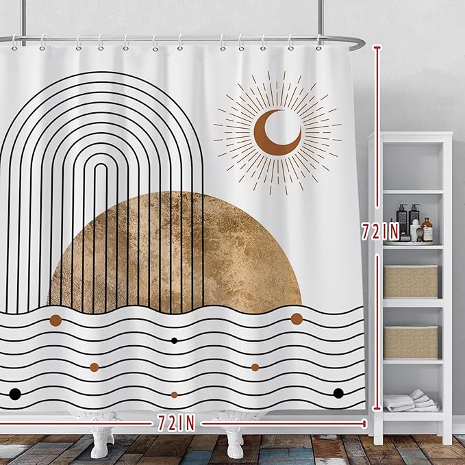 Baocicoo Boho Mid Century Shower Curtain Abstract Wave Shine Crescent Abstract Sun and Moon Shower Curtain for Bathroom Cubicle Durable Fabric Waterproof Curtain for Bathroom with Hooks 72x72 Inches