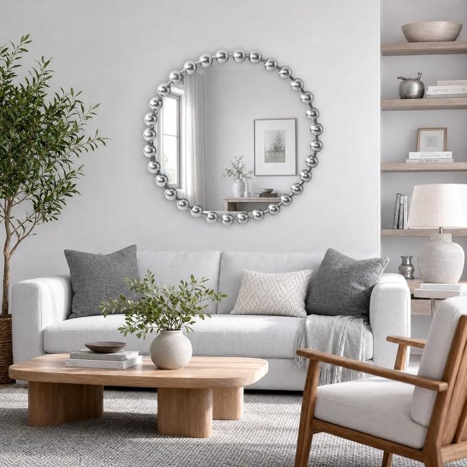 Madison Park Round Mirror, Metal Frame Circle Mirror 27 inch, Wall Art Decor Mounted Hanging for Entryway, Bathroom, hallway, Living Room, Vanity, Marlowe, Silver