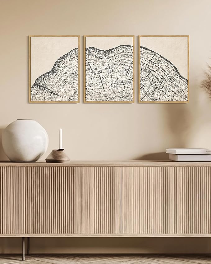 KUVIOKE Framed Tree Rings Wood Wall Art Modern Retro Beige Wood Stump Wall Decor Nature Abstract Art Print for Living Room Bedroom 12x16in (Natural Framed)
