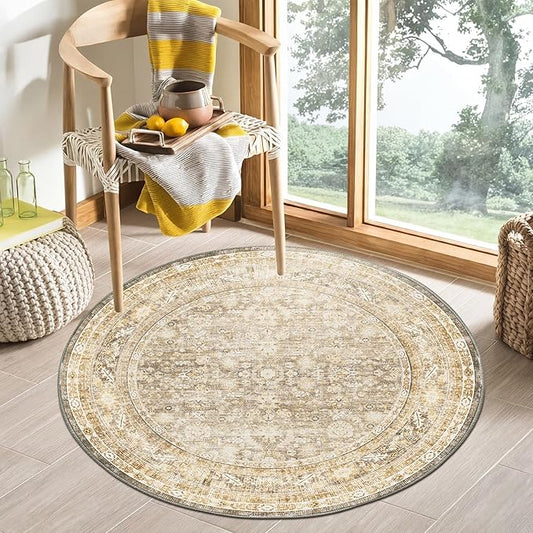 OPPODREAM Vintage Beige Round Rug 4ft, 4 ft Retro Washable Circle Rug Non Slip, Low-Pile Faux Wool Circular Carpet, Distressed Tan Floor Mat for Living Room, Bedroom, Office, Dorm, Dinning Room