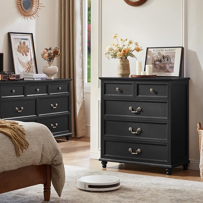 Farmhouse 5 Drawer Dresser for Bedroom, 35" Tall Rustic Chests of Drawers w/ 4 Solid Wood Feet, Mid Century Modern Wooden Closet Storage Dressers Organizer for Living Room, Hallway,Black
