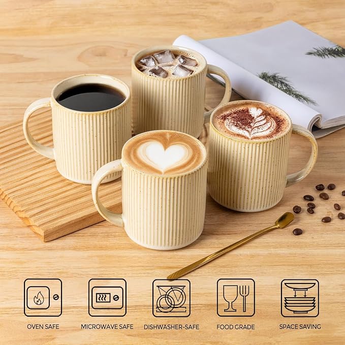 theterra Ceramic Coffee Mugs Set of 4, 14.2oz Handmade Coffee Cups with Handle for Latte, Tea, Milk, Beer, Hot Cocoa, Cappuccino