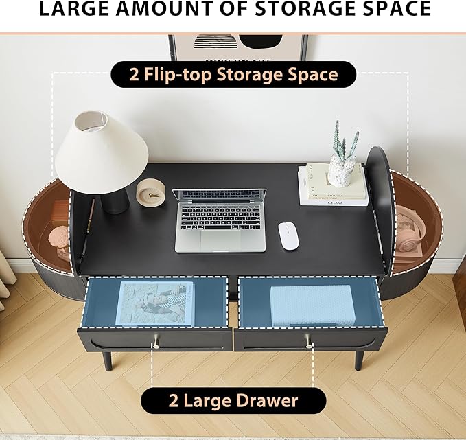 Practical 59" Wood Writing Desk, Home Office Laptop Desk with 2 Flip Hide Storage + 2 Drawer, MCM Elegant Fluted Multifunctional Study Desk for Apartment Bedroom (Black)