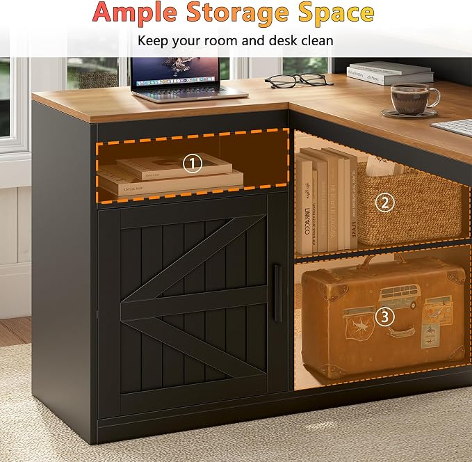 TVU Farmhouse L Shaped Desk with Drawers, 62.2" Home Office Desk with Storage Shelves and Power Outlet, L Shaped Computer Desk with Monitor Stand and Printer Shelf, Brown and Black