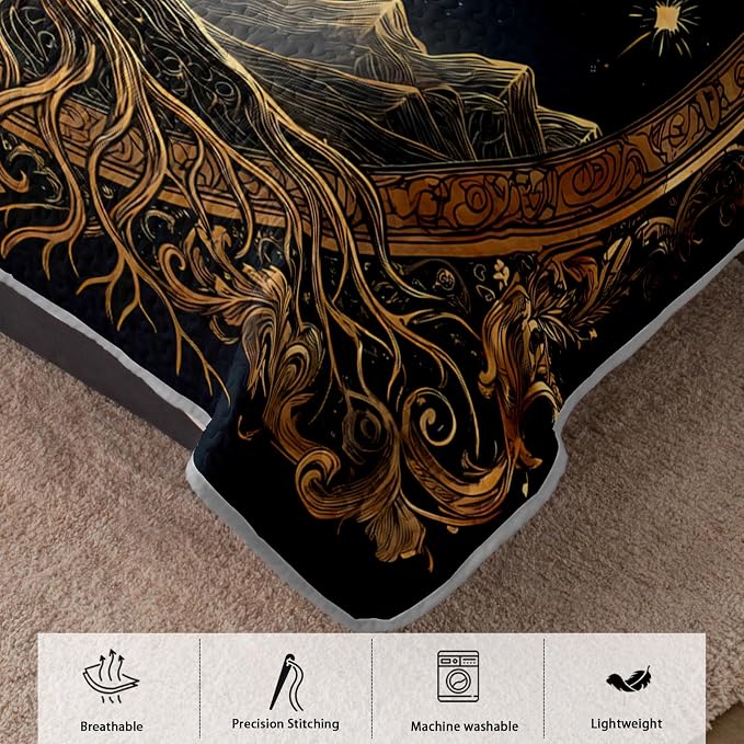 AILONEN Bohemian Tree of Life Queen Quilted Comforter Set 3 Piece, Dark Blue Celestial Bedspread Coverlet with 2 Pillowcases, Spiritual Night Sky Bedding for Master Bedroom