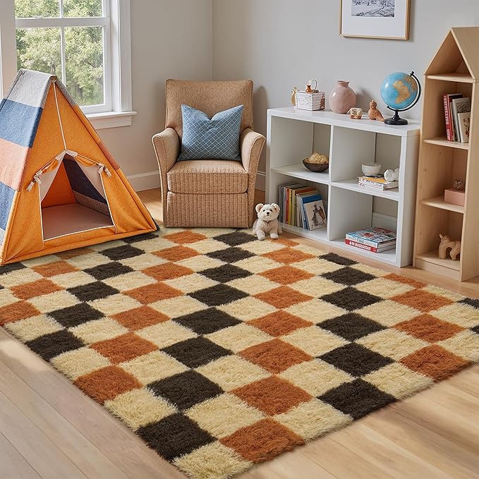 Checkered Rug 4x6 for Living Room, Colorful Modern Shag Rug Super Soft Washable Fluffy Rugs Indoor Fuzzy Carpet for Bedroom Home Dorm Aesthetic Decor
