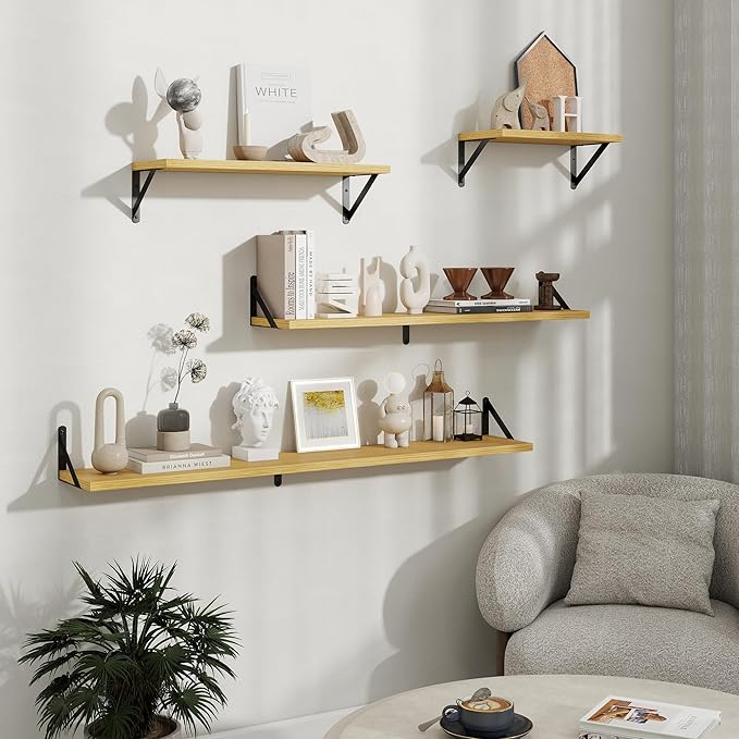 Floating Shelves, 8 Inch Deep Rustic Wood Wall Storage, 24W x 8D Wall Shelves Set of 2, Heavy Duty Metal Brackets, Industrial Book Shelf for Living Room, Kitchen, Bathroom, Bedroom, Oak