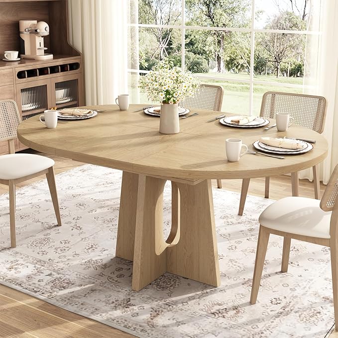 59-Inch Extendable Round Dining Table for Dining Room, 4-6 People Farmhouse Oval Wood Expandable Kitchen Dinner Table with Heavy Cross Pedestal for Living Room, Apartment, Light Oak