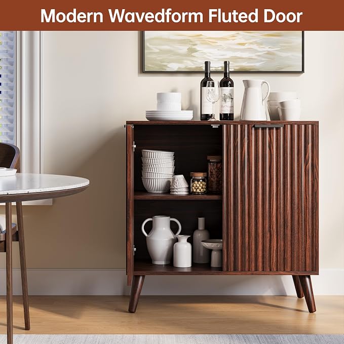 Walnut Sideboard Buffet Cabinet with Storage, 2 Doors Modern Fluted Buffet Cabinet for Living Room, Accent Credenza with Adjustable Shelves Entryway Storage Cabinets for Kitchen, Entryway