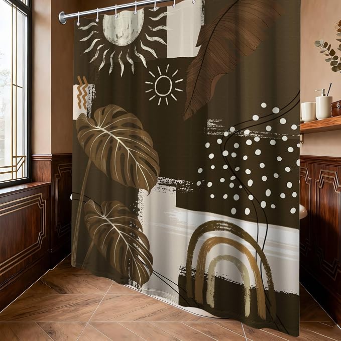 Dark Brown Mid Century Modern Shower Curtain Boho Abstract Khaki Earth Tone Shower Curtains for Bathroom Decor Sets, Waterproof Cloth Fabric with Hooks, 72 x 84 Inch