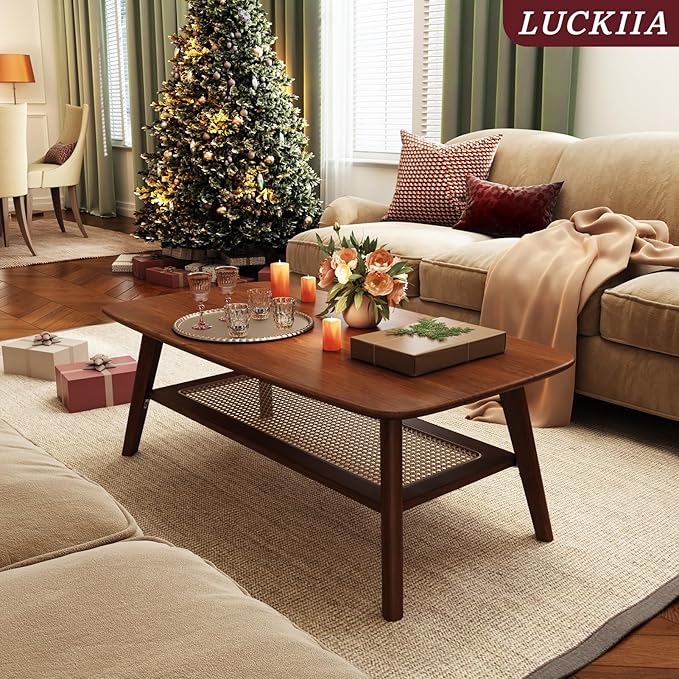 Coffee Table Small Solid Wood Center Table Mid Century Vintage Living Room Coffee Table, Walnut Rattan 47.24 Inch