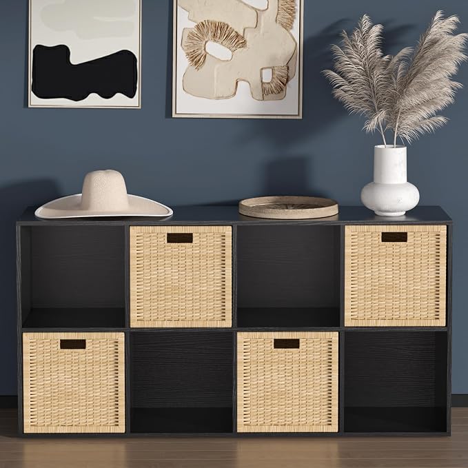 Wooden 8 Cube Storage Organizer with Closed Back Panel,Black Cube Shelf Cubby Storage Organizers with Compartments for Living,Bookshelf,Organizers Easy to Install (Black, 8 Cube)
