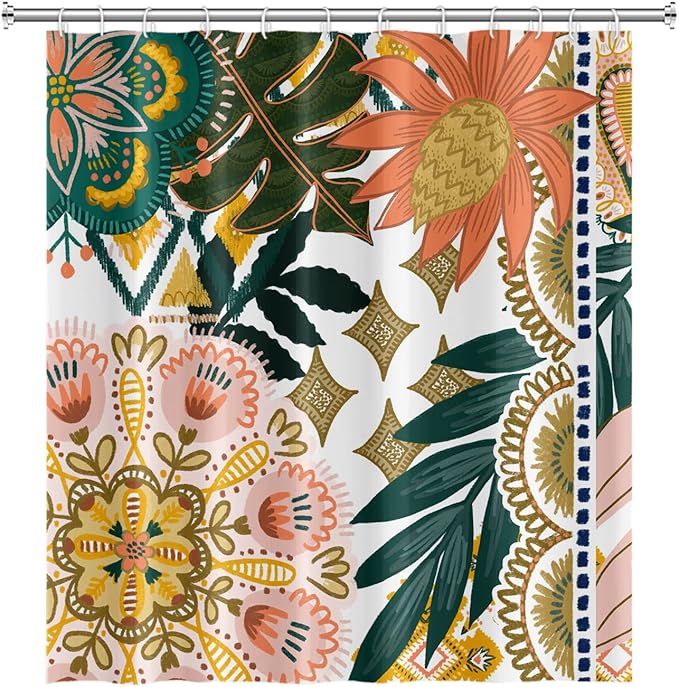 Bohemian Floral Bathroom Shower Curtain - Colorful Boho Leaves Flowers with Hooks - Polyester Waterproof Fabric Paisley Unique Trendy Woman Shower Curtain Decor, 48x72 Inch
