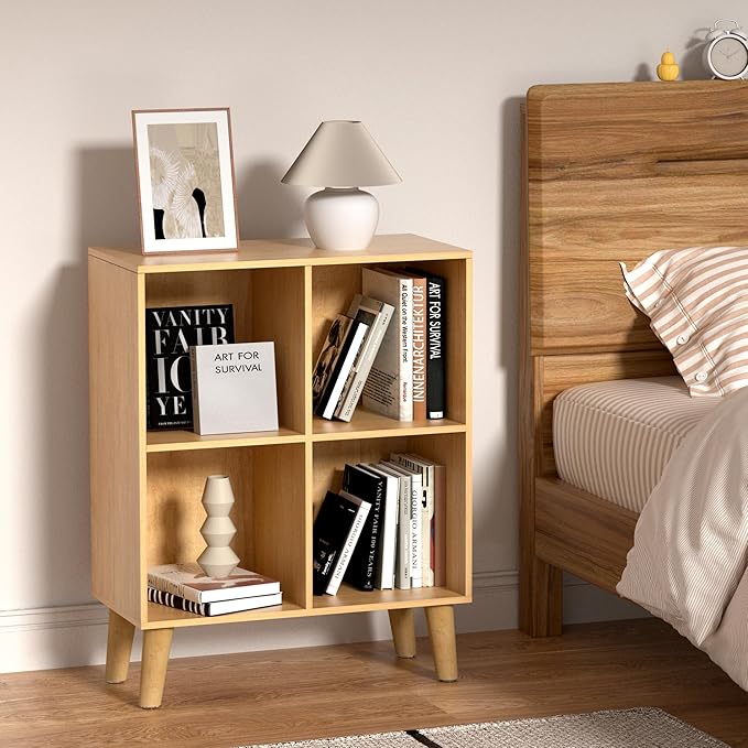 4 Cube Storage Organizer with Legs, 2 Tier Cube Low Bookcase Freestanding Storage Display Organizer for Home Office, Four-Cubes Open Shelf Short Bookshelf (Natural Oak, 4 Cube)
