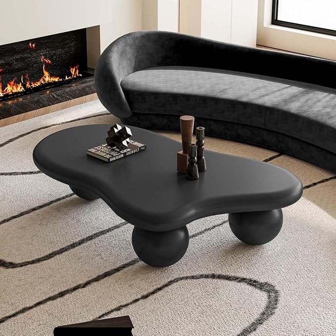 47" Modern Black Coffee Table Cloud Shape Low Center Table Cute Irregular Indoor Tea Table with 3 Ball Legs for Living Room Small Space