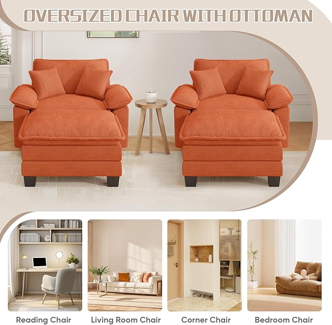 Chaise Lounge Chair Indoor, Oversized Accent Chairs with Ottoman, Luxury Corduroy Upholstered Deep Seat Sleeper Sofa Reading Chairs and A Half with Pillows for Living Room, Bedroom, Apartment, Orange