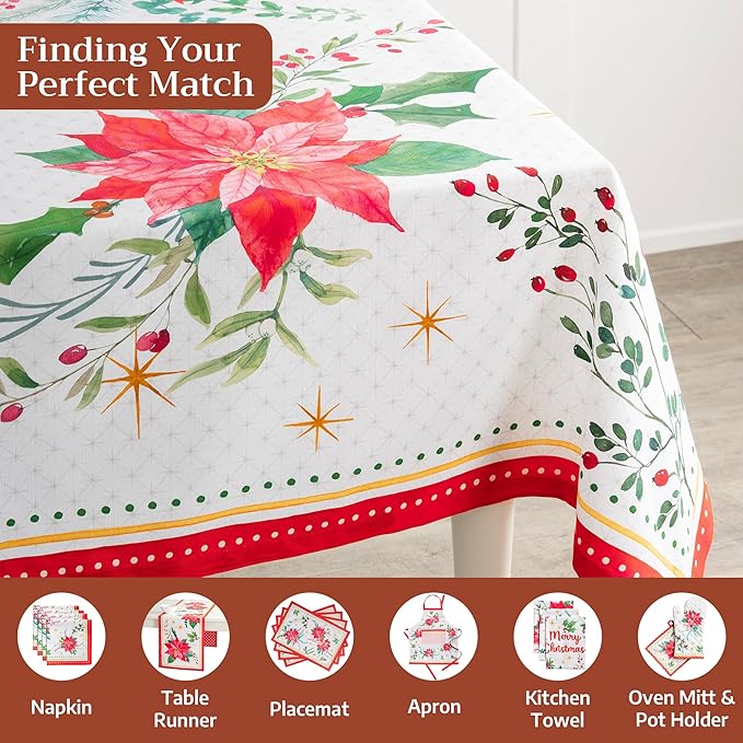 Maison d' Hermine Table Cloth Square Table 100% Cotton 54 x 54 Inches Fall Tablecloth Reusable Everyday Use for Thanksgiving Christmas Decorations Dining Farmhouse Party (Poinsettia Christmas)