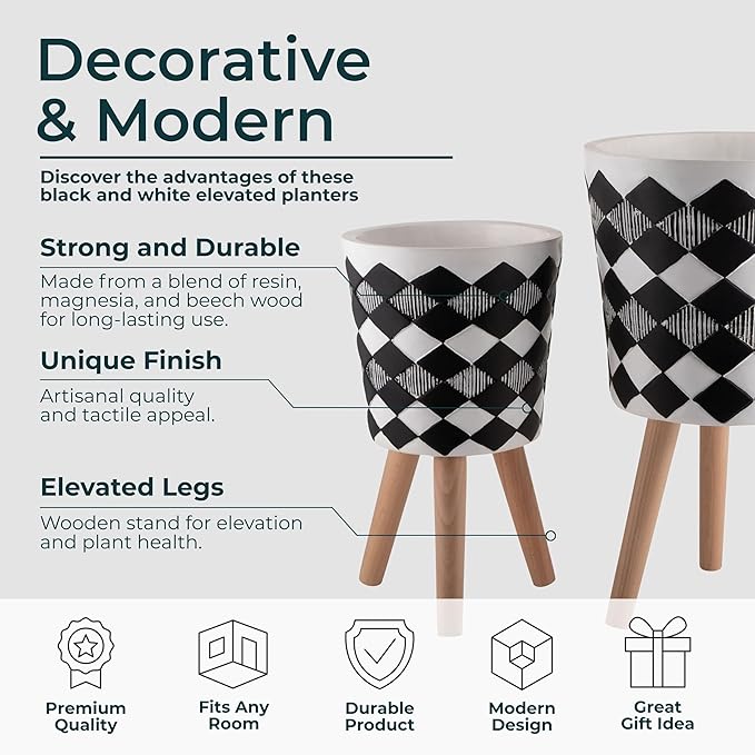 Resin Planter Stands Set – Plant Stand for Living Room or Patio Display for Greenery and Home Decor Styling, Geometric Mid-Century Design for Modern Outdoor Decor – 12" & 10", Black and White