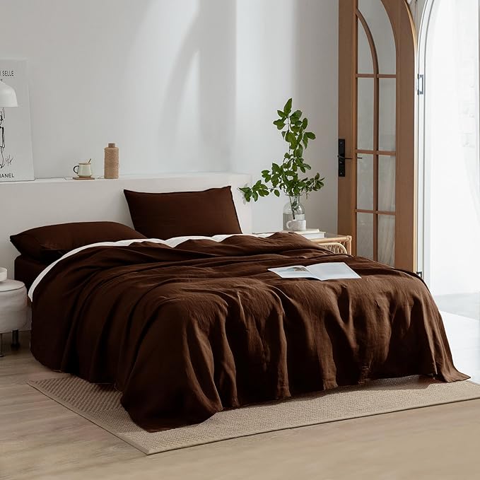 EVERLY Linen Sheets Set Full Size,100% French Stonewash Pure Linen Sheets Set,4Pieces (1Flat Sheet,1Fitted Sheet,2Pillowcase) Suitable for Hot Sleepers,Deep Pocket Natural Bedding Set-Chocolate