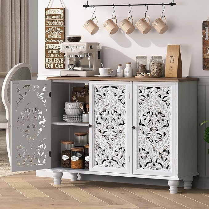 JOINICE Accent Cabinet with 3 Carved Doors,Farmhouse Buffet Cabinet with Storage for Living Room, Entryway, Dining Room, Coffee Bar(White)