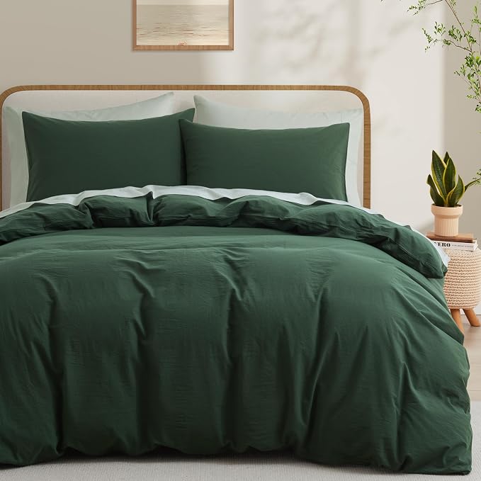 LOVQUE Bedding Duvet Cover Queen Size, 100% Washed Cotton Linen Like Natural Bedding Set with Zipper Closure (No Comforter), 90x90, Forest Green