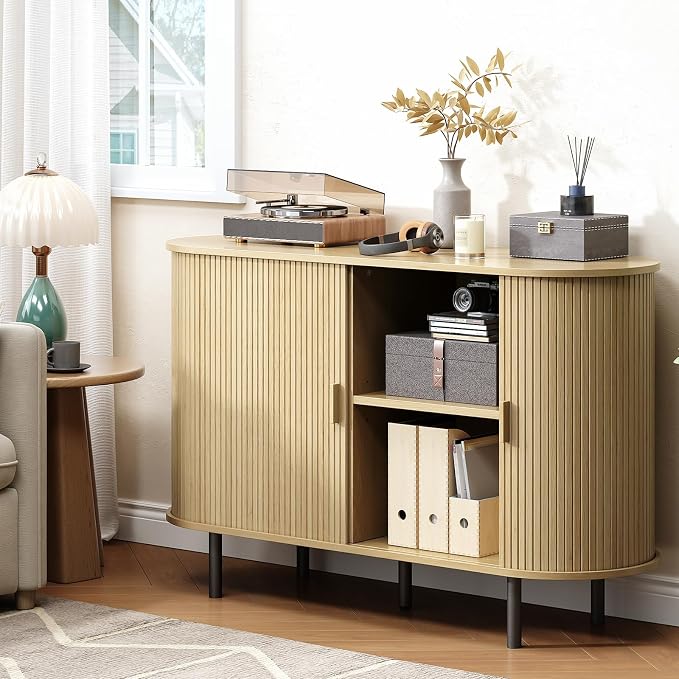 Buffet Cabinet with Storage, Fluted Sideboard Buffet with Sliding Door, Coffee Bar Cabinet with Adjustable Shelf, Console Table, Accent Table for Entryway, Kitchen (Oak, 48 Inch)