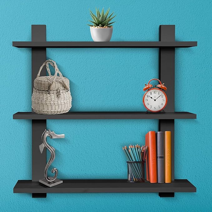 Sorbus Bathroom Shelves - 3-Tier Wall Mounted Floating Shelves for Books, Trophies, Wall Decor, Kitchen, Living Room & Bathroom Decor - Decorative Hanging Display Over the Toilet Storage Shelf - Black