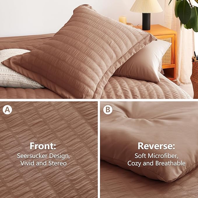 CozyLux King Size Comforter Set Mocha Mousse, 7 Pieces Seersucker Textured Luxury Bed in a Bag, All Seasons Soft Bedding Sets with Down Alternative Comforter, Sheets, Pillowcases & Shams, Home Gift