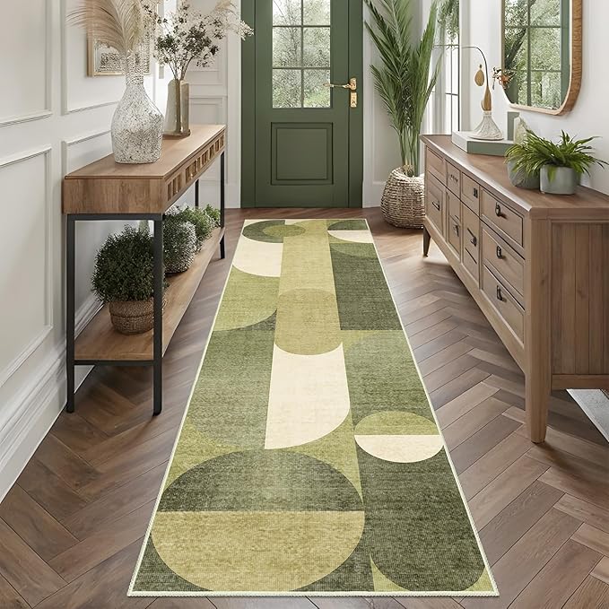 Green Runner Rug 2x8 Washable Rug Runners for Hallway Kitchen,Long Rugs for Bedroom Entryway Bathroom,Non Slip Modern Geometric Floor Carpet