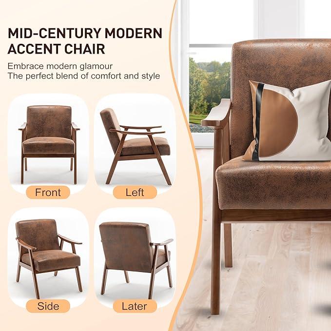 Furnimart Accent Chairs Set of 2, Mid-Century Modern Chair Reading Chairs with Extra-Thick Backrest, Wooden Armchairs for Living Room, Bedroom, Waiting Room, Brown Fabric