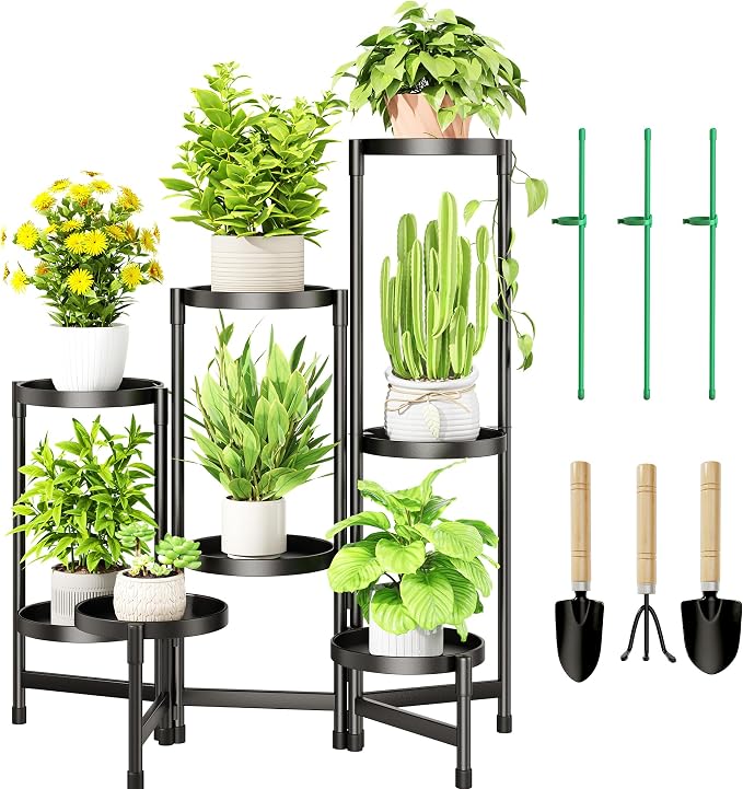 Cawukege 8 Tier Plant Stand Indoor, Tiered Plant Stand Outdoor for Multiple Plants, Corner Plant Shelf for Patio Balcony Porch Garden Living Room House, Black
