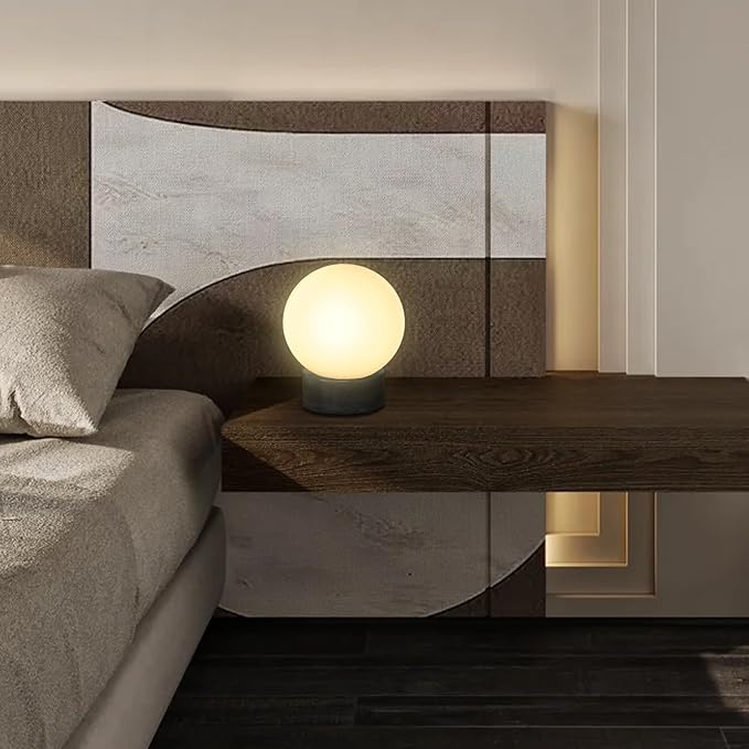 FLORNIA Globe Tble Lamp, Modern Industrial Round Table Lamp, Unique Bedside Nightstand Desk Lamp with Glass Shade and Marble Base for Bedroom, Living Room, Office Study, Decoration (Include Bulb G45)