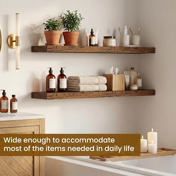 Dreamland 32inch Floating Shelves for Wall, Rustic Brown Floating Shelves for Bathroom|Bedroom|Kitchen, Deep Wall Mounted Book Shelf, Wood Storage Display Shelf for Home Decor, Set of 2