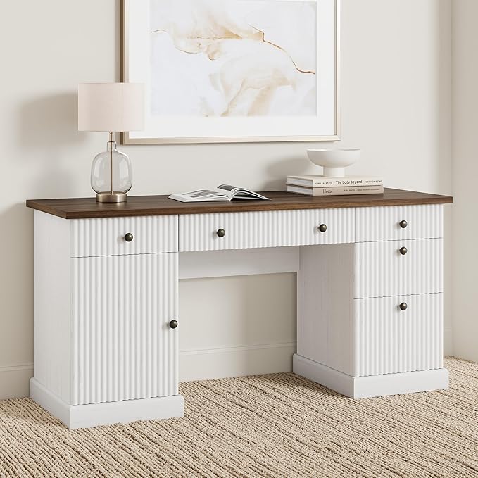 Garvee 60" Office Desk with Storage Cabinet & Drawers. Fluted Wood Computer Desk with Power Outlet & Adjustable Shelves.Modern Executive Desk for Home Office/Bedroom/Gaming-White