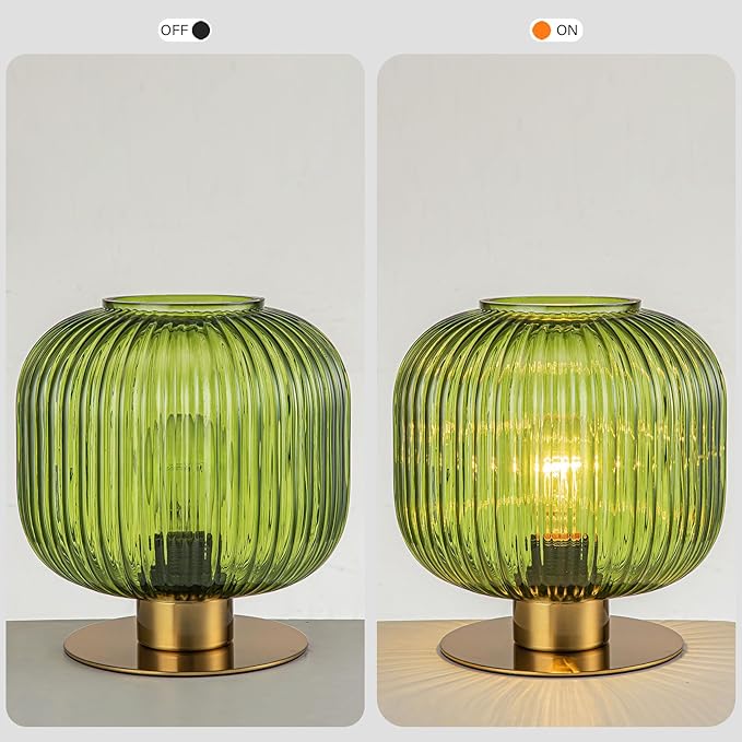 Glass Globe Table Lamp, Mid Century Modern Green Table Lamp, Vintage Gold Bedside Lamp with Ribbed Glass Shade, Cute Desk Lamp Small Decorative Lamp for Bedroom Nightstand Living Room End Table