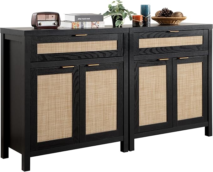 SICOTAS Sideboard Buffet Storage Cabinet Set of 2, Rattan Credenza Buffet Table, Modern Console Accent Cabinet with Doors and Drawer, Coffee Bar Cabinets for Kitchen Entryway Living Room, Black