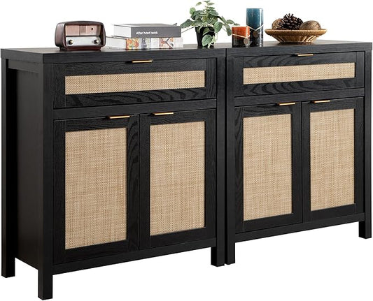 SICOTAS Sideboard Buffet Storage Cabinet Set of 2, Rattan Credenza Buffet Table, Modern Console Accent Cabinet with Doors and Drawer, Coffee Bar Cabinets for Kitchen Entryway Living Room, Black