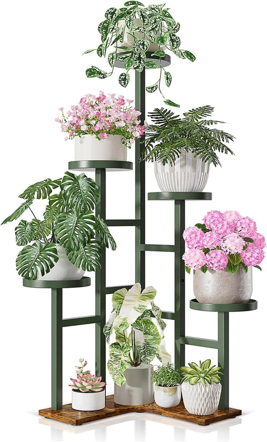 5 Tiered Plant Stand Indoor with 7.1 Inch Wide Tray, Corner Metal Stand Plant Outdoor Flower Holder Stand, Wood Tall Rack for Display Shelf for Patio Porch Office - GreenDisk