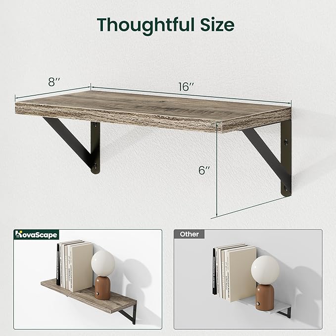 Floating Shelves, 8 Inch Deep Rustic Wood Wall Storage, 16W x 8D Wall Shelves Set of 2, Heavy Duty Metal Brackets, Industrial Book Shelf for Living Room, Kitchen, Bathroom, Bedroom, Grey