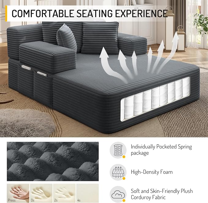 48.5" Oversized Chaise Lounge Chair Indoor, 3-in-1 Convertible Sleeper Sofa Bed, Plush Corduroy Boneless Chaise with 3 Pillows & Side Pockets, Adjustable Back/Armrest for Living Room - Dark Grey
