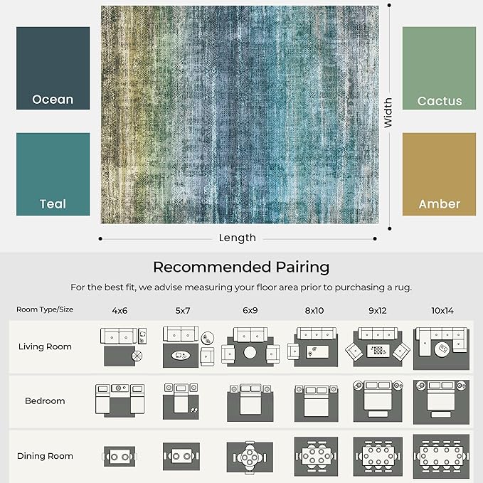 Kokia Abstract Teal Area Rugs 6x9 Boho Washable Distressed Retro Indoor Floor Rug Multicolor Low Pile Non-Slip Non-Shedding Carpet Bedroom Living Room Dining Room, Blue and Green