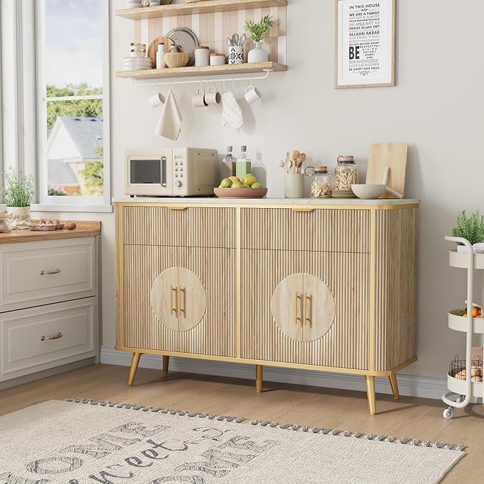 47.2" Buffet Storage Cabinet, Modern Fluted Coffee Bar Station with 2 Drawers & Adjustable Shelves, Kitchen Sideboard Buffet for Dining Room, Living Room, Hallway, Natural Oak