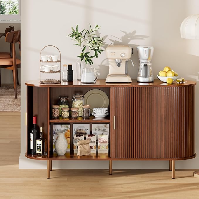 DHH Sideboard Buffet Cabinet with Storage,Mid Century Modern Fluted Accent Coffee Bar Console Table,Tambour Sliding Doors& Adjustable Shelf for Kitchen, Living Room, Entryway(Walnut,55 Inch)