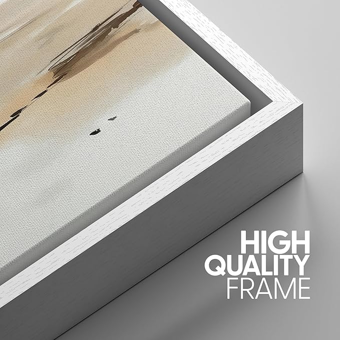 SIGNWIN Framed Canvas Print Wall Art Set Coastal Beach Horizon Blue and Tan Seascape Illustrations Modern Art Decorative Boho Relax/Zen Nordic for Living Room, Bedroom, Office - 24"x36"x3 White